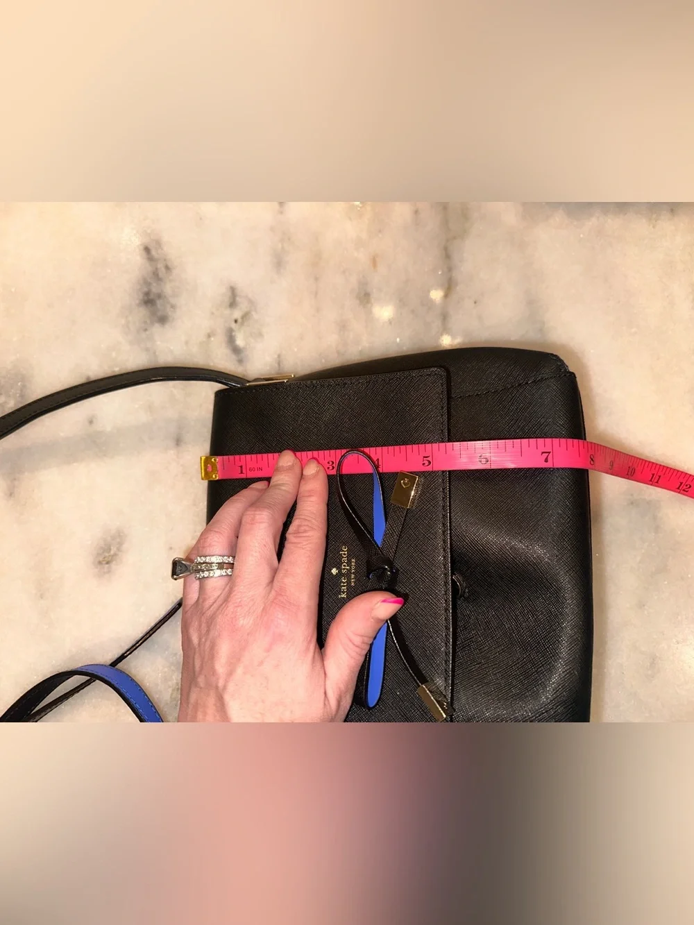 Kate Spade Bow Details Black Leather Crossbody with Blue Accents